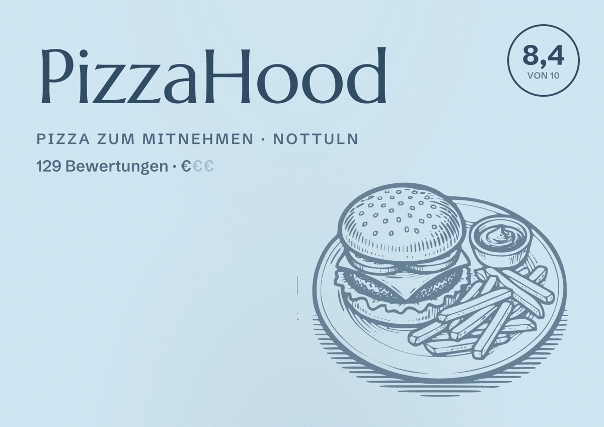 Illustriertes Poster von PizzaHood, Pizza zum Mitnehmen in Nottuln: Bewertung 8,4 von 10 aus 129 Bewertungen, Preisniveau €