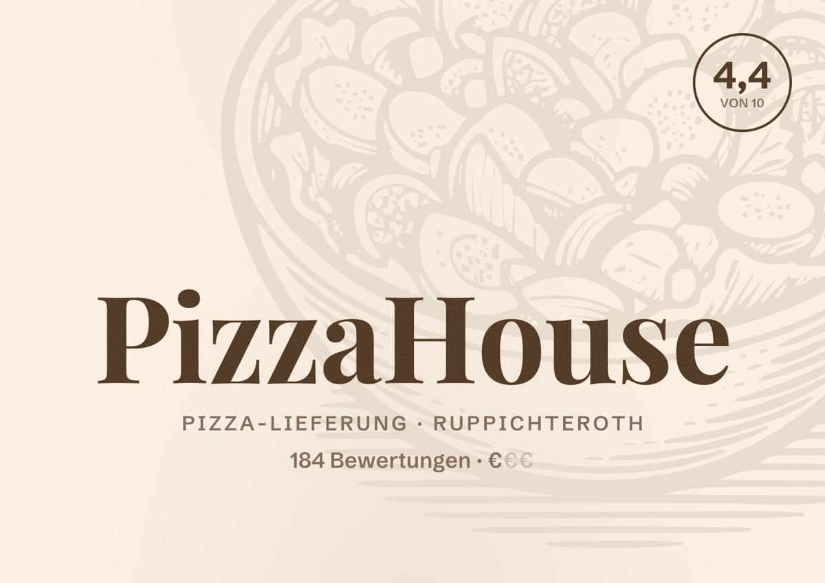 Illustriertes Poster von PizzaHouse, Pizza-Lieferung in Ruppichteroth: Bewertung 4,4 von 10 aus 184 Bewertungen, Preisniveau €