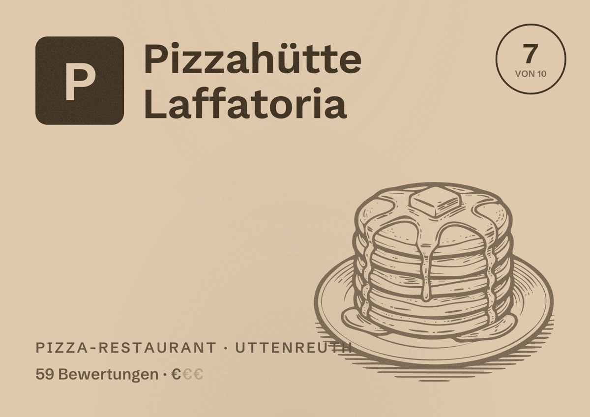 Illustriertes Poster von Pizzahütte Laffatoria, Pizza-Restaurant in Uttenreuth: Bewertung 7 von 10 aus 59 Bewertungen, Preisniveau €