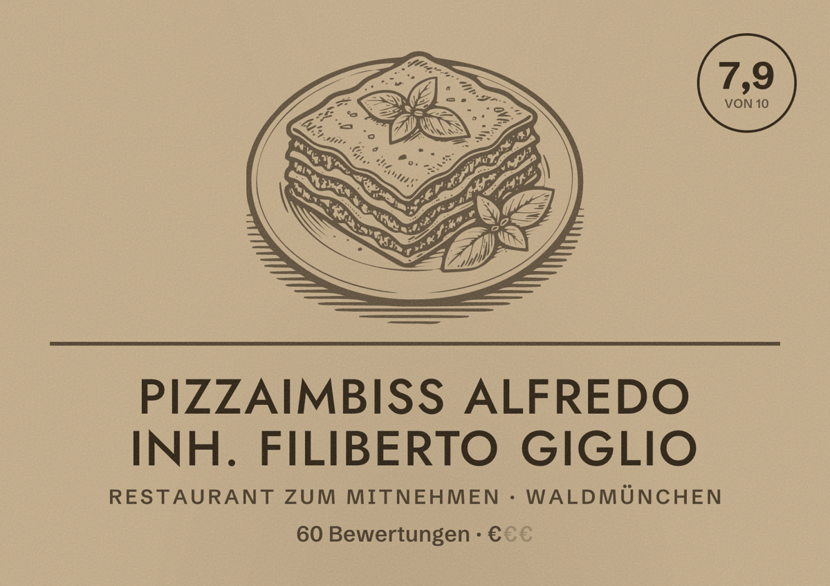 Illustriertes Poster von Pizzaimbiss Alfredo Inh. Filiberto Giglio, Restaurant zum Mitnehmen in Waldmünchen: Bewertung 7,9 von 10 aus 60 Bewertungen, Preisniveau €