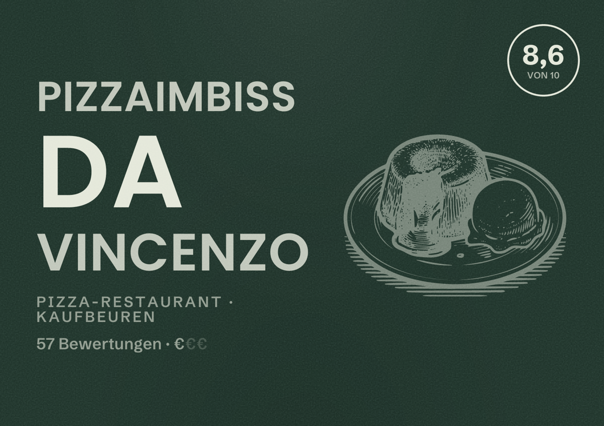 Illustriertes Poster von Pizzaimbiß da Vincenzo, Pizza-Restaurant in Kaufbeuren: Bewertung 8,6 von 10 aus 57 Bewertungen, Preisniveau €