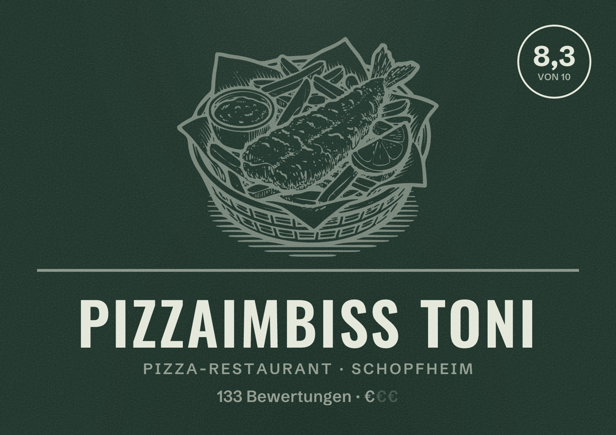 Illustriertes Poster von Pizzaimbiss Toni, Pizza-Restaurant in Schopfheim: Bewertung 8,3 von 10 aus 133 Bewertungen, Preisniveau €