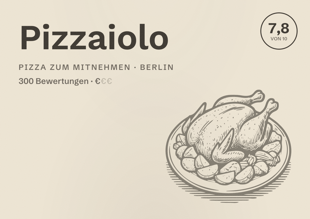 Illustriertes Poster von Pizzaiolo, Pizza zum Mitnehmen in Berlin: Bewertung 7,8 von 10 aus 300 Bewertungen, Preisniveau €