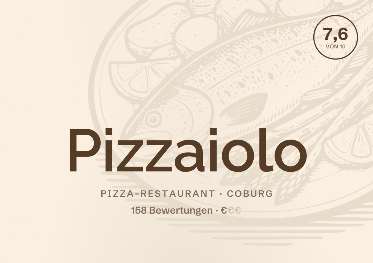 Illustriertes Poster von Pizzaiolo, Pizza-Restaurant in Coburg: Bewertung 7,6 von 10 aus 158 Bewertungen, Preisniveau €
