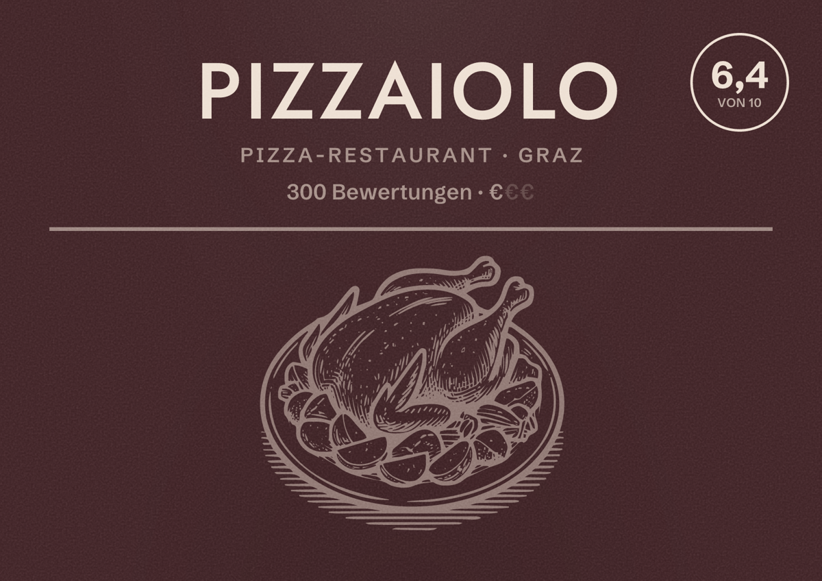 Illustriertes Poster von Pizzaiolo, Pizza-Restaurant in Graz: Bewertung 6,4 von 10 aus 300 Bewertungen, Preisniveau €