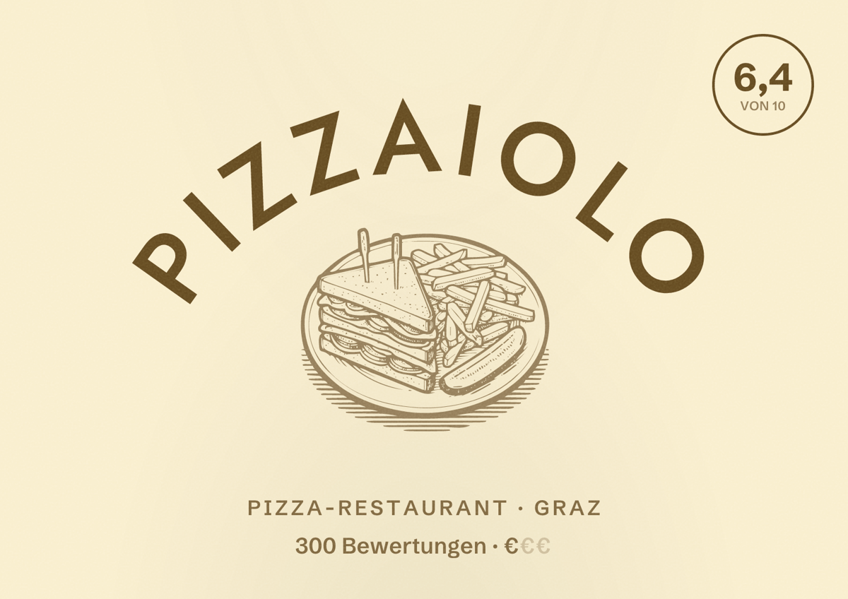 Illustriertes Poster von Pizzaiolo, Pizza-Restaurant in Graz: Bewertung 6,4 von 10 aus 300 Bewertungen, Preisniveau €