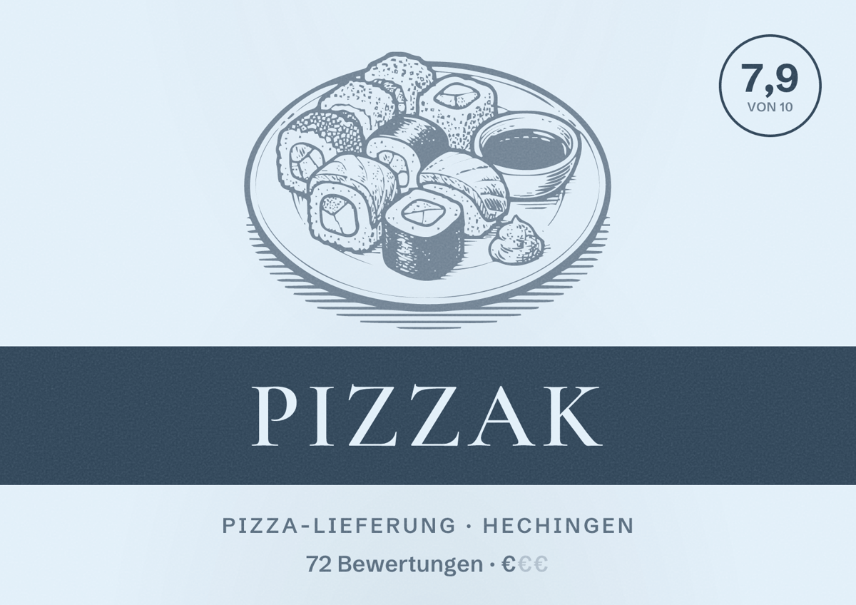 Illustriertes Poster von PizzAK, Pizza-Lieferung in Hechingen: Bewertung 7,9 von 10 aus 72 Bewertungen, Preisniveau €