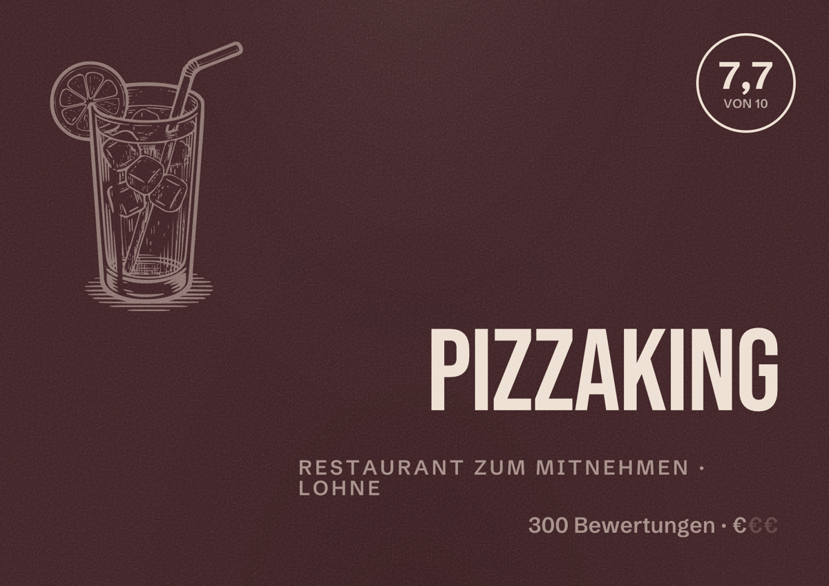 Illustriertes Poster von Pizzaking, Restaurant zum Mitnehmen in Lohne: Bewertung 7,7 von 10 aus 300 Bewertungen, Preisniveau €