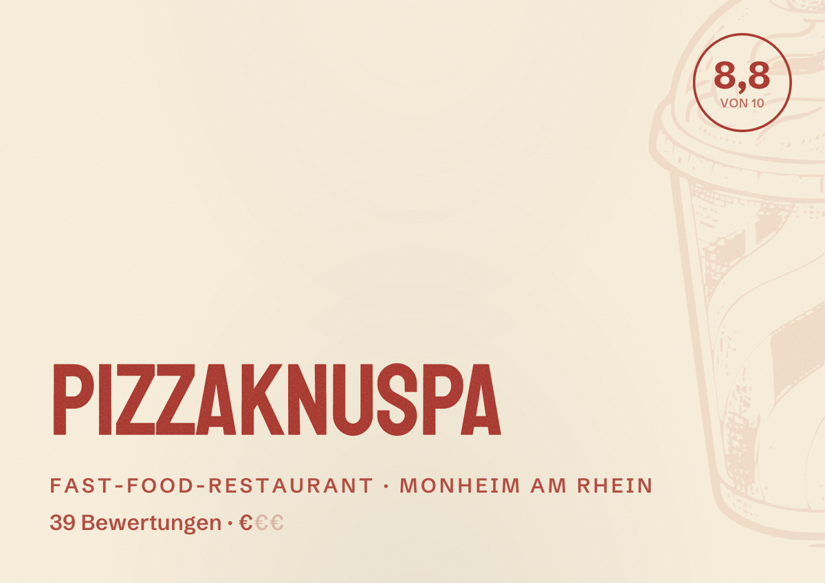 Illustriertes Poster von PizzaKnuspa, Fast-Food-Restaurant in Monheim am Rhein: Bewertung 8,8 von 10 aus 39 Bewertungen, Preisniveau €