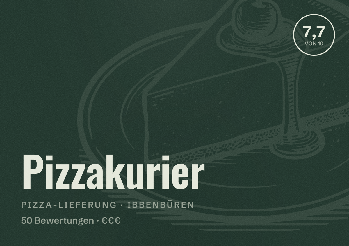 Illustriertes Poster von Pizzakurier, Pizza-Lieferung in Ibbenbüren: Bewertung 7,7 von 10 aus 50 Bewertungen, Preisniveau €€€