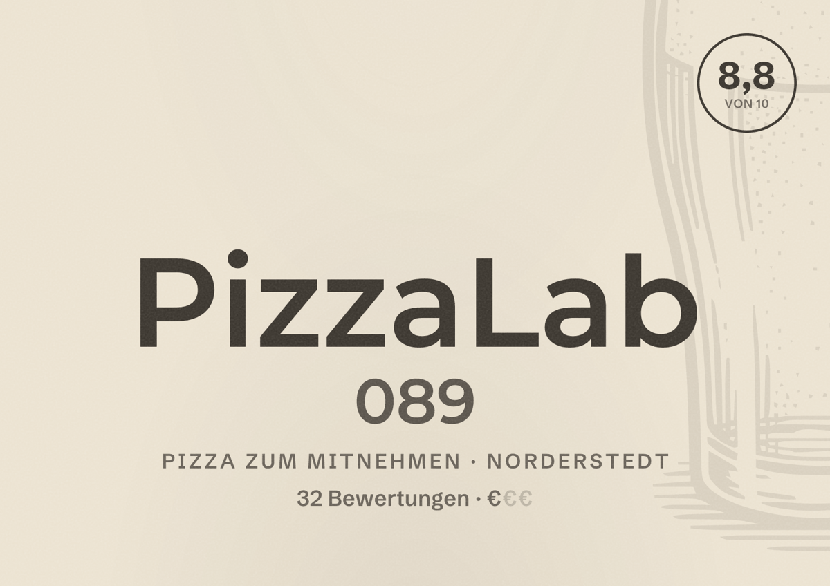 Illustriertes Poster von PizzaLab 089, Pizza zum Mitnehmen in Norderstedt: Bewertung 8,8 von 10 aus 32 Bewertungen, Preisniveau €