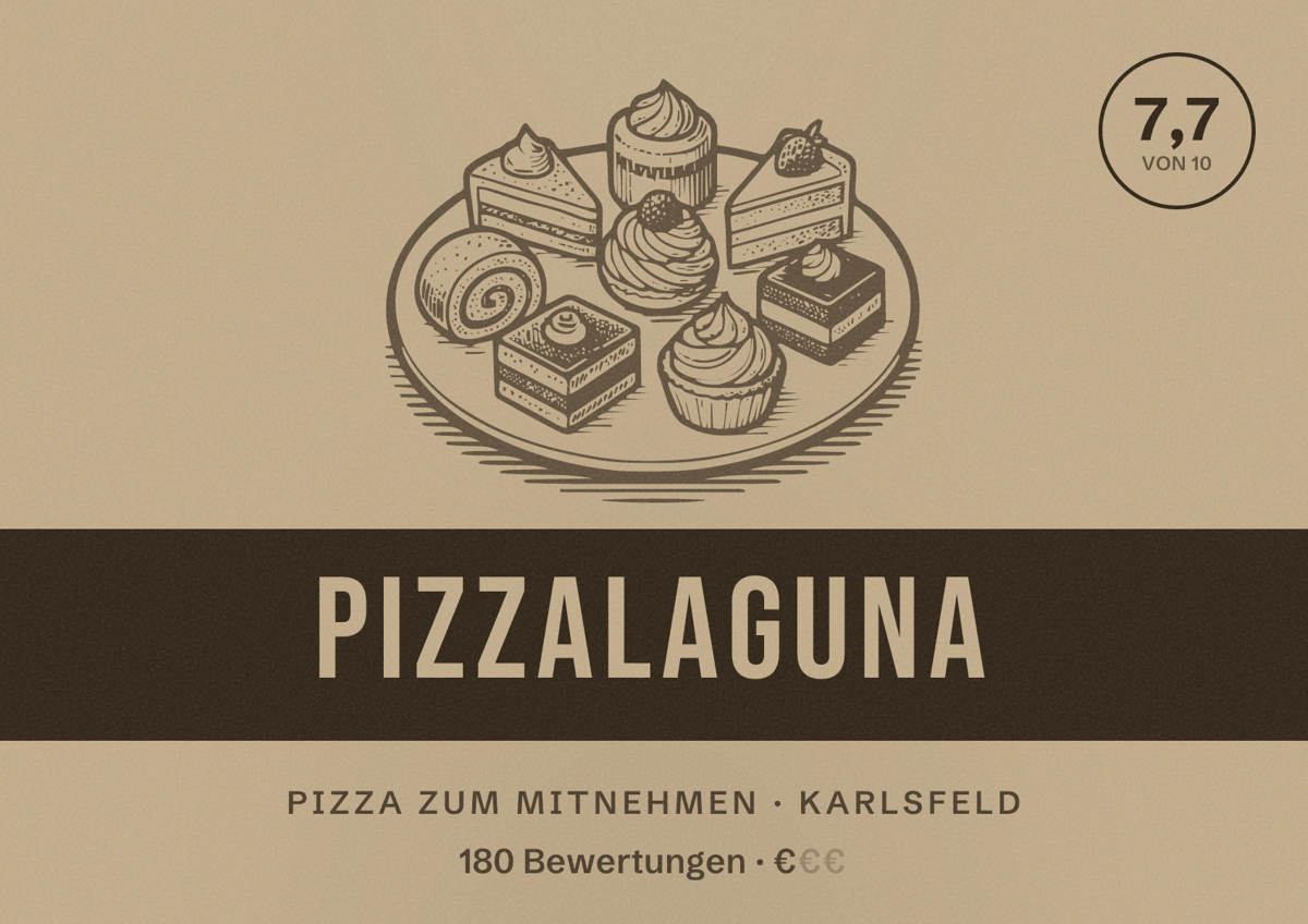 Illustriertes Poster von Pizzalaguna, Pizza zum Mitnehmen in Karlsfeld: Bewertung 7,7 von 10 aus 180 Bewertungen, Preisniveau €
