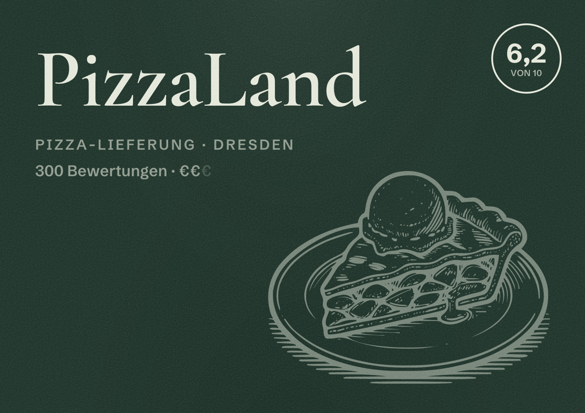 Illustriertes Poster von PizzaLand, Pizza-Lieferung in Dresden: Bewertung 6,2 von 10 aus 300 Bewertungen, Preisniveau €€