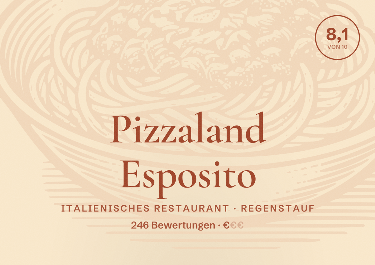 Illustriertes Poster von Pizzaland Esposito, Italienisches Restaurant in Regenstauf: Bewertung 8,1 von 10 aus 246 Bewertungen, Preisniveau €