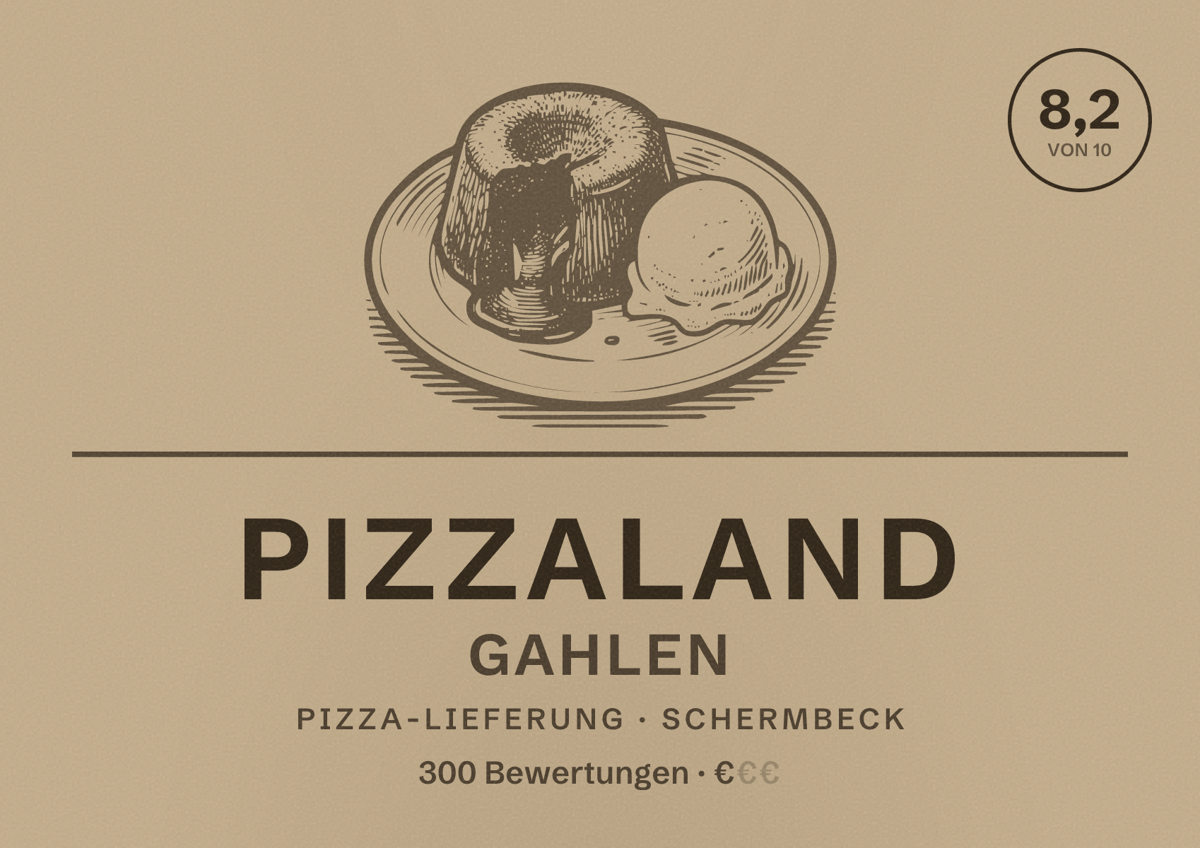 Illustriertes Poster von Pizzaland Gahlen, Pizza-Lieferung in Schermbeck: Bewertung 8,2 von 10 aus 300 Bewertungen, Preisniveau €