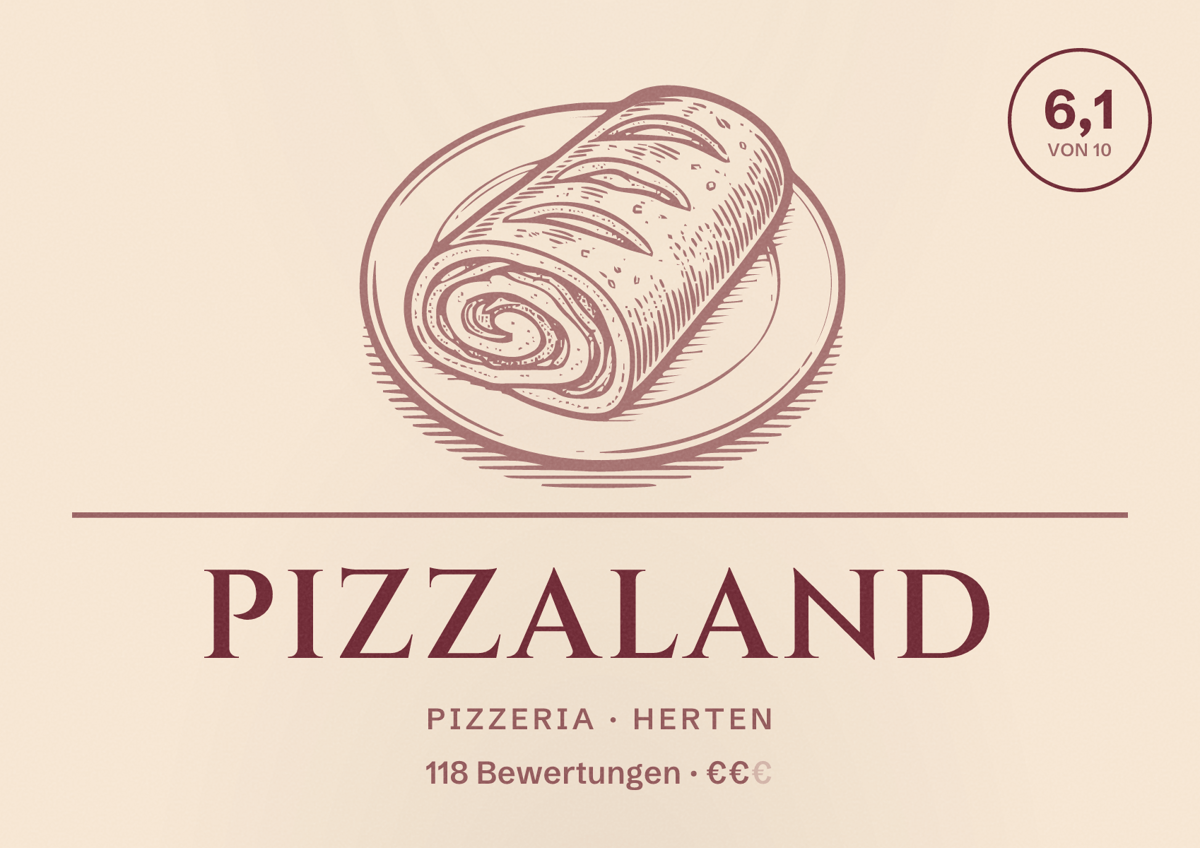 Illustriertes Poster von Pizzaland, Pizzeria in Herten: Bewertung 6,1 von 10 aus 118 Bewertungen, Preisniveau €€