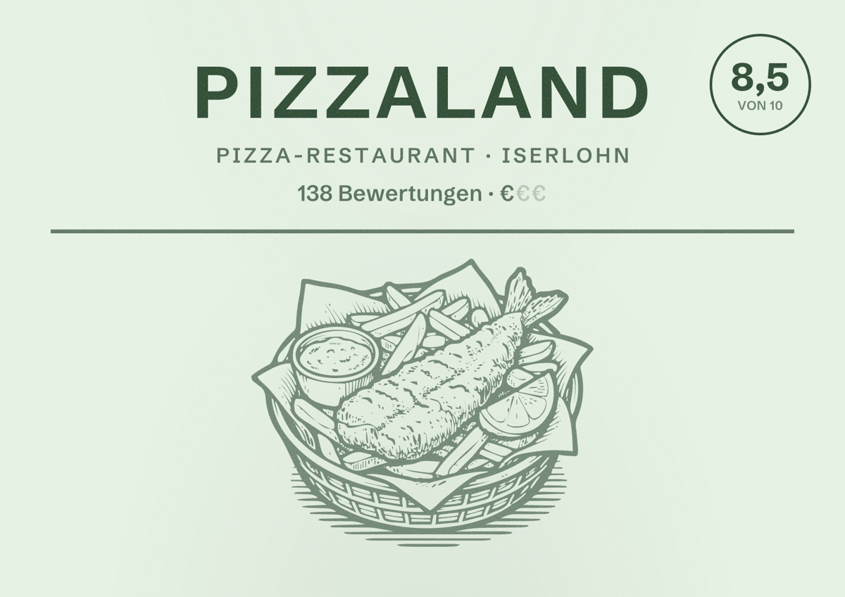 Illustriertes Poster von Pizzaland, Pizza-Restaurant in Iserlohn: Bewertung 8,5 von 10 aus 138 Bewertungen, Preisniveau €