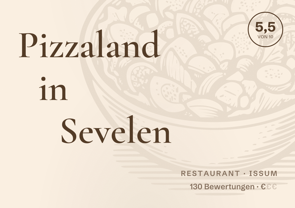Illustriertes Poster von Pizzaland in Sevelen, Restaurant in Issum: Bewertung 5,5 von 10 aus 130 Bewertungen, Preisniveau €