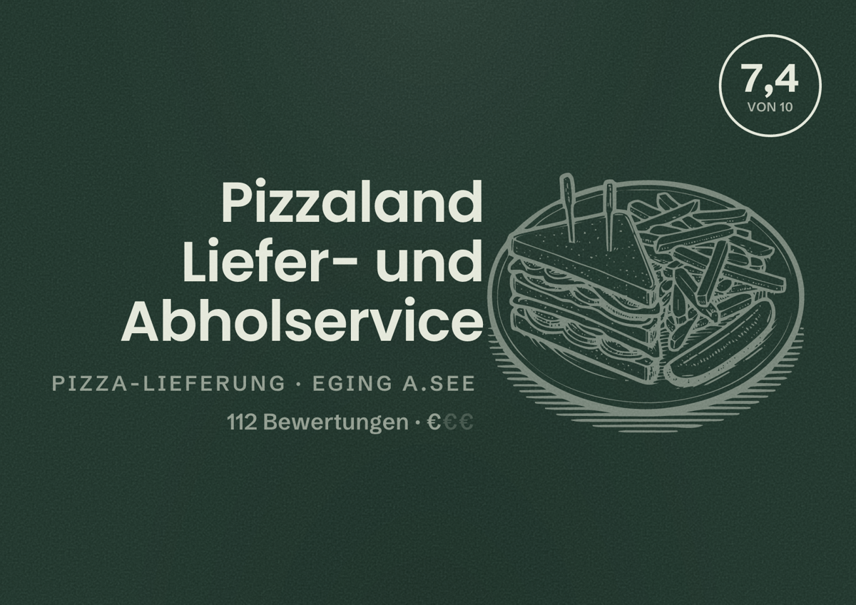Illustriertes Poster von Pizzaland Liefer- und Abholservice, Pizza-Lieferung in Eging a.See: Bewertung 7,4 von 10 aus 112 Bewertungen, Preisniveau €