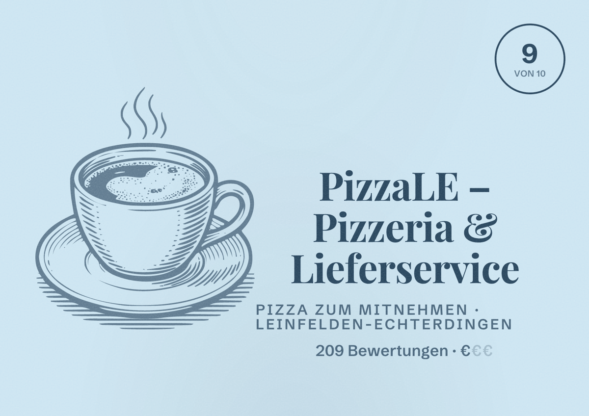Illustriertes Poster von PizzaLE – Pizzeria & Lieferservice, Pizza zum Mitnehmen in Leinfelden-Echterdingen: Bewertung 9 von 10 aus 209 Bewertungen, Preisniveau €