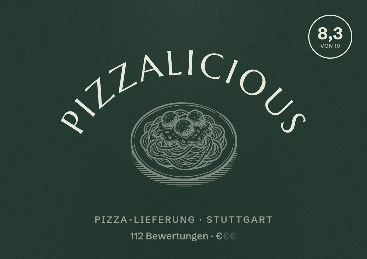 Illustriertes Poster von Pizzalicious, Pizza-Lieferung in Stuttgart: Bewertung 8,3 von 10 aus 112 Bewertungen, Preisniveau €
