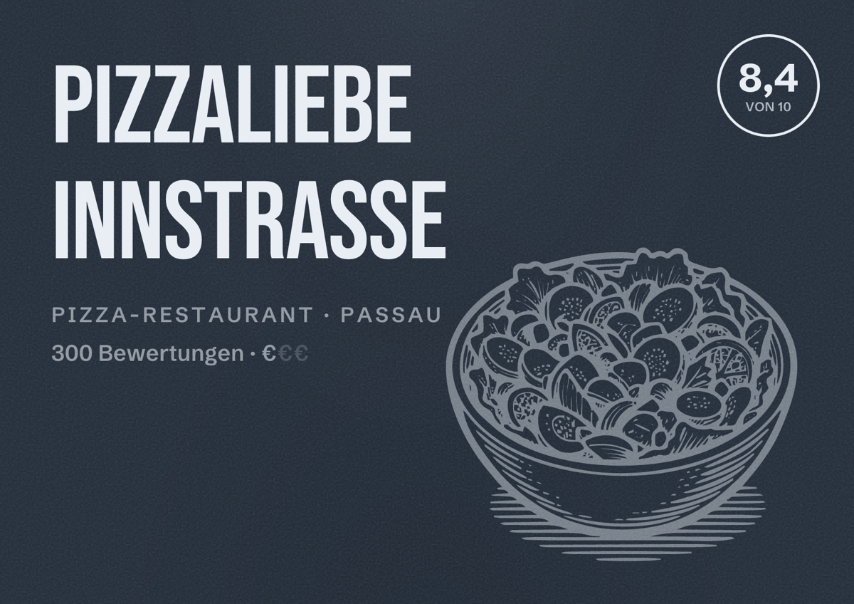 Illustriertes Poster von PIZZALIEBE INNSTRASSE, Pizza-Restaurant in Passau: Bewertung 8,4 von 10 aus 300 Bewertungen, Preisniveau €