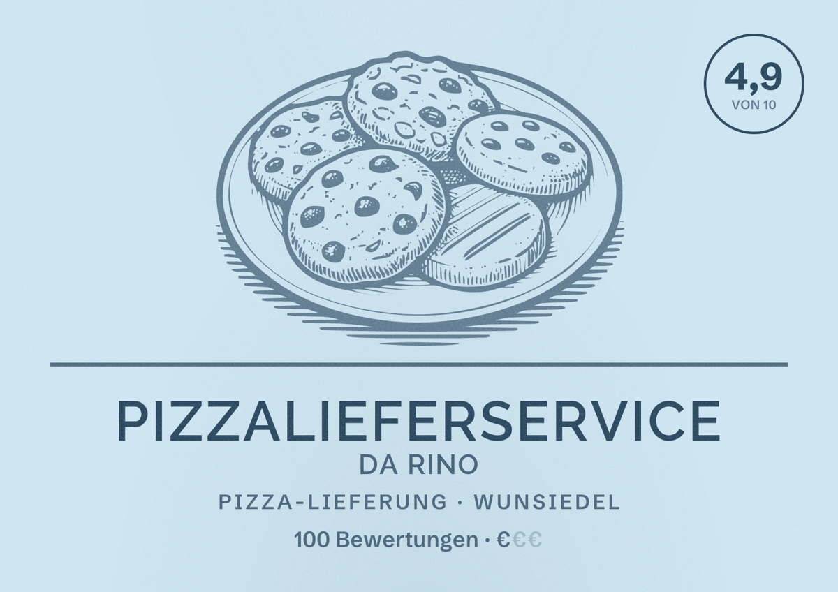 Illustriertes Poster von Pizzalieferservice Da Rino, Pizza-Lieferung in Wunsiedel: Bewertung 4,9 von 10 aus 100 Bewertungen, Preisniveau €