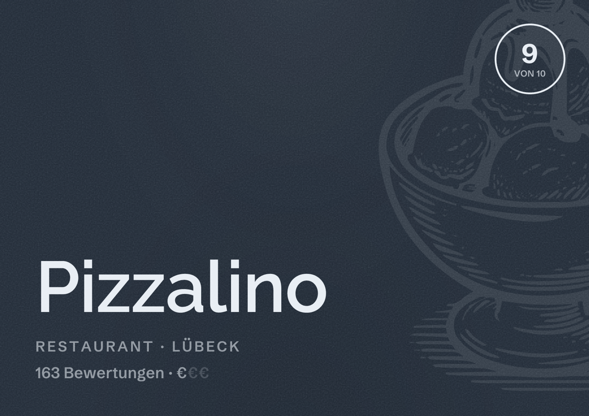 Illustriertes Poster von Pizzalino, Restaurant in Lübeck: Bewertung 9 von 10 aus 163 Bewertungen, Preisniveau €