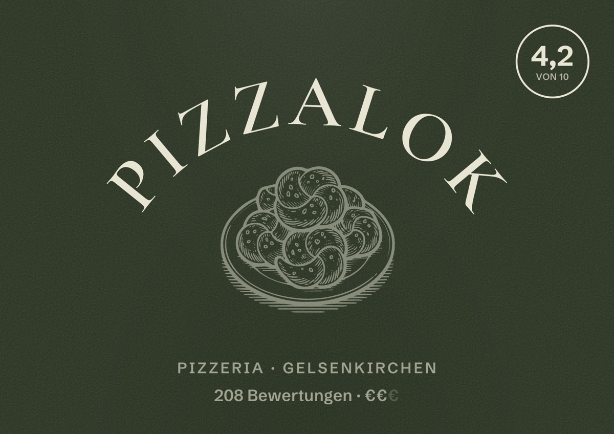 Illustriertes Poster von Pizzalok, Pizzeria in Gelsenkirchen: Bewertung 4,2 von 10 aus 208 Bewertungen, Preisniveau €€