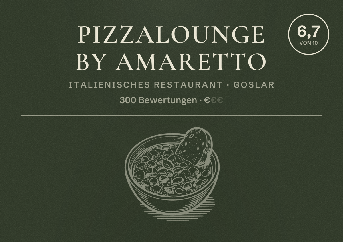 Illustriertes Poster von PIZZALOUNGE by Amaretto, Italienisches Restaurant in Goslar: Bewertung 6,7 von 10 aus 300 Bewertungen, Preisniveau €