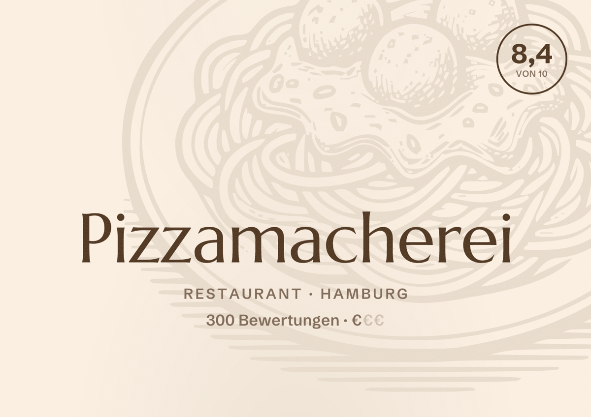 Illustriertes Poster von Pizzamacherei, Restaurant in Hamburg: Bewertung 8,4 von 10 aus 300 Bewertungen, Preisniveau €