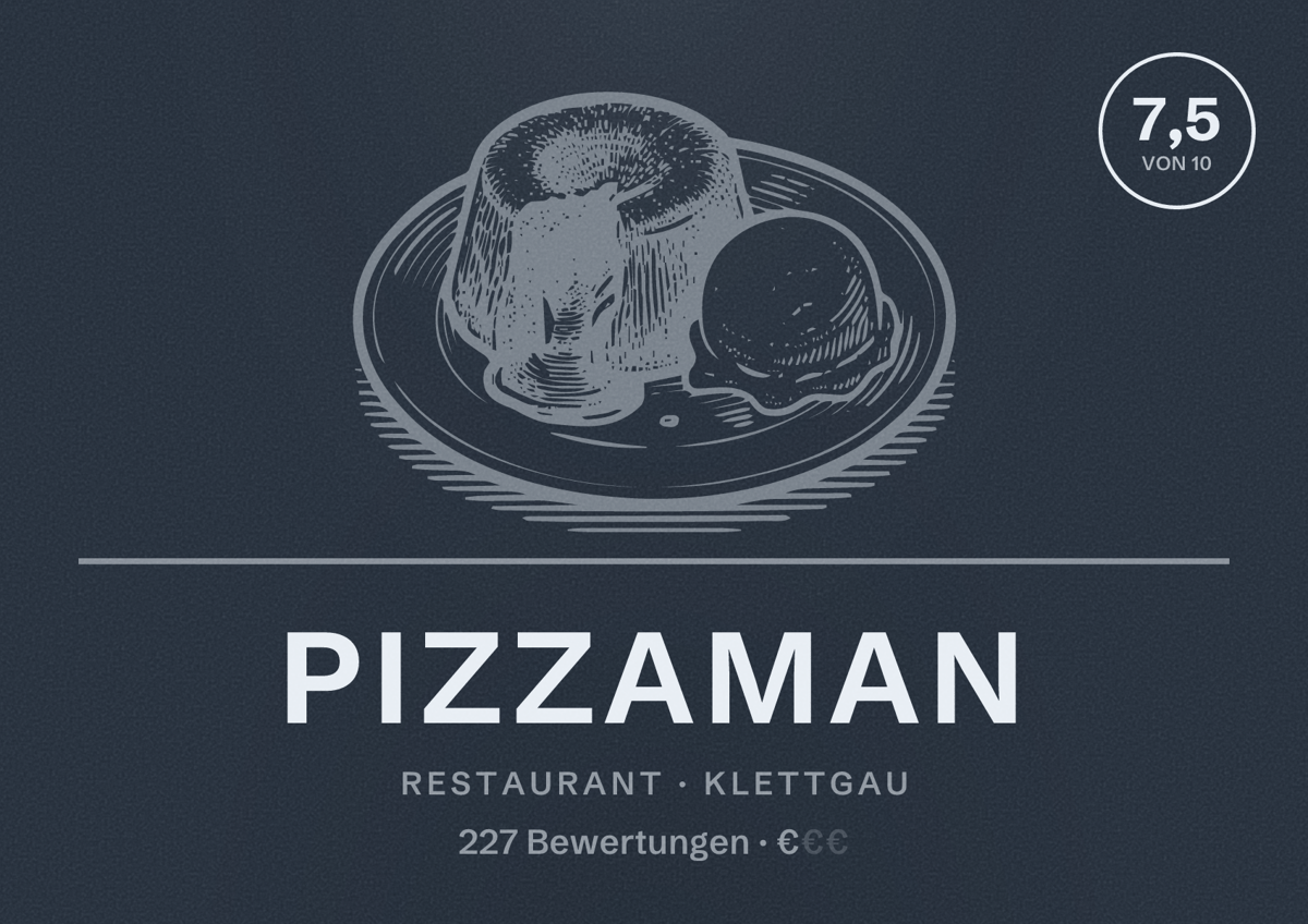 Illustriertes Poster von Pizzaman, Restaurant in Klettgau: Bewertung 7,5 von 10 aus 227 Bewertungen, Preisniveau €