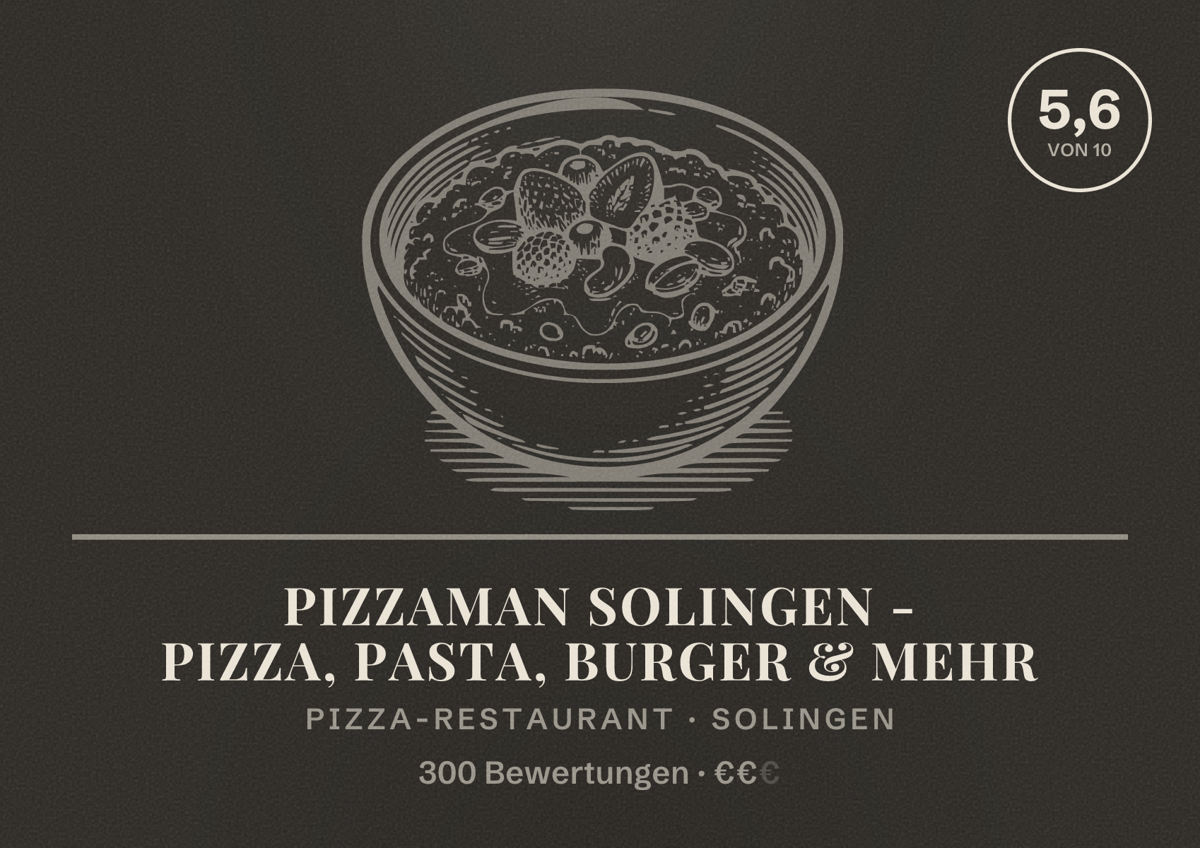 Illustriertes Poster von Pizzaman Solingen - Pizza, Pasta, Burger & mehr, Pizza-Restaurant in Solingen: Bewertung 5,6 von 10 aus 300 Bewertungen, Preisniveau €€