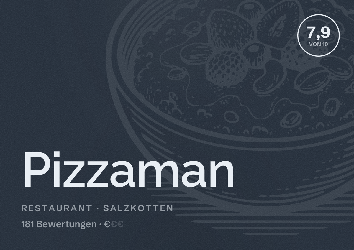 Illustriertes Poster von Pizzaman, Restaurant in Salzkotten: Bewertung 7,9 von 10 aus 181 Bewertungen, Preisniveau €