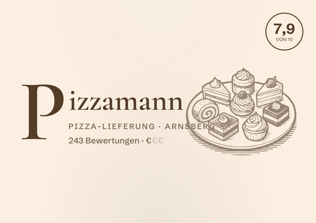 Illustriertes Poster von Pizzamann, Pizza-Lieferung in Arnsberg: Bewertung 7,9 von 10 aus 243 Bewertungen, Preisniveau €