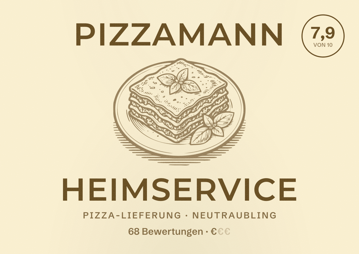 Illustriertes Poster von Pizzamann Heimservice, Pizza-Lieferung in Neutraubling: Bewertung 7,9 von 10 aus 68 Bewertungen, Preisniveau €