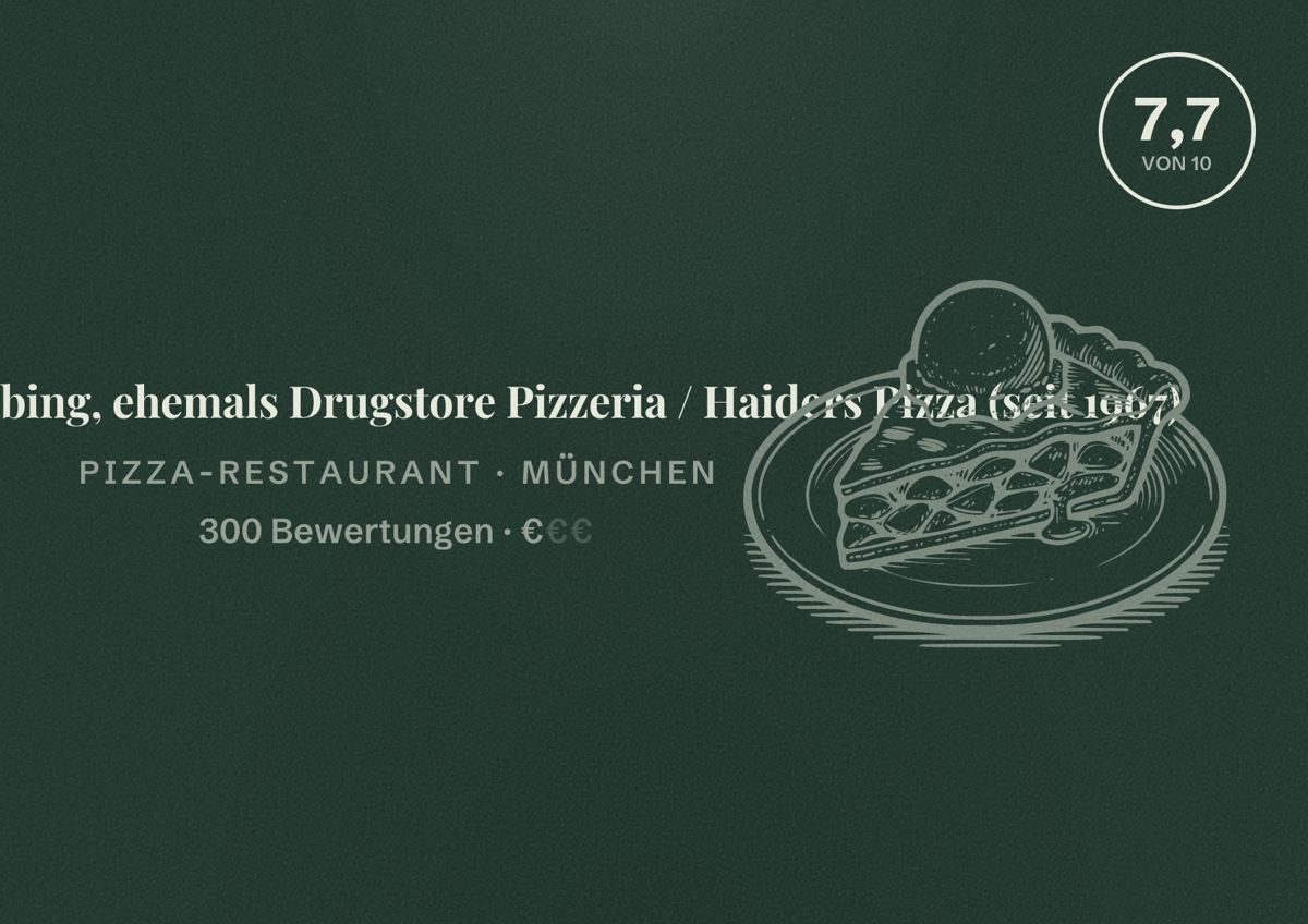 Illustriertes Poster von Pizzamann Schwabing, ehemals Drugstore Pizzeria / Haiders Pizza (seit 1967), Pizza-Restaurant in München: Bewertung 7,7 von 10 aus 300 Bewertungen, Preisniveau €
