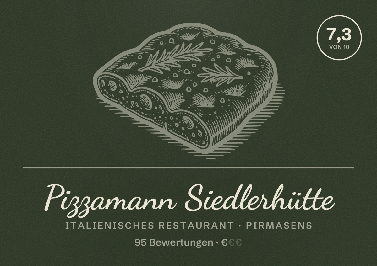 Illustriertes Poster von Pizzamann Siedlerhütte, Italienisches Restaurant in Pirmasens: Bewertung 7,3 von 10 aus 95 Bewertungen, Preisniveau €