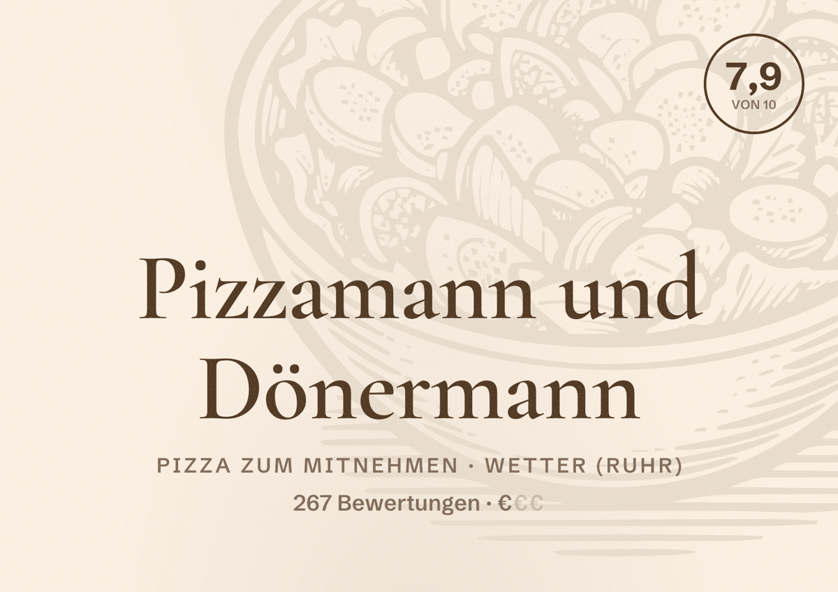 Illustriertes Poster von Pizzamann und Dönermann, Pizza zum Mitnehmen in Wetter (Ruhr): Bewertung 7,9 von 10 aus 267 Bewertungen, Preisniveau €