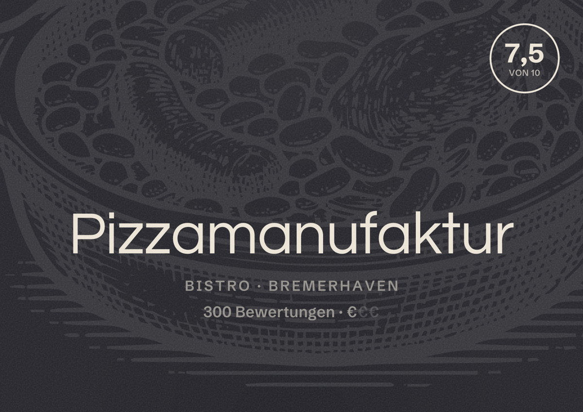 Illustriertes Poster von Pizzamanufaktur, Bistro in Bremerhaven: Bewertung 7,5 von 10 aus 300 Bewertungen, Preisniveau €