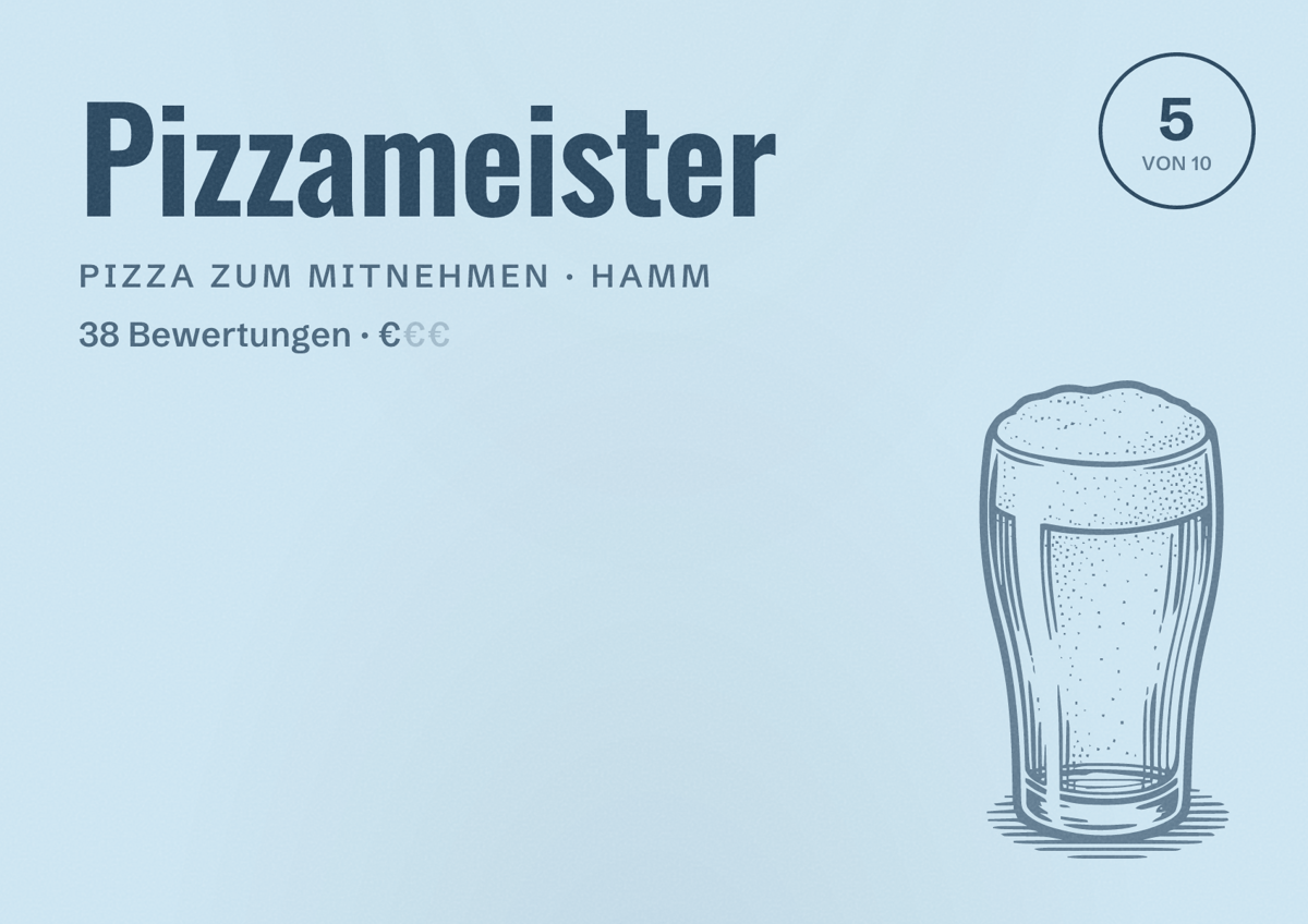 Illustriertes Poster von Pizzameister, Pizza zum Mitnehmen in Hamm: Bewertung 5 von 10 aus 38 Bewertungen, Preisniveau €