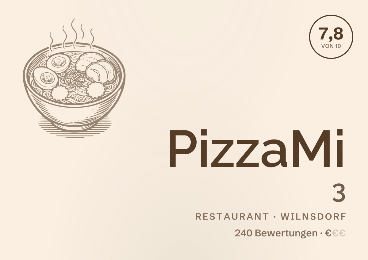 Illustriertes Poster von PizzaMi 3, Restaurant in Wilnsdorf: Bewertung 7,8 von 10 aus 240 Bewertungen, Preisniveau €