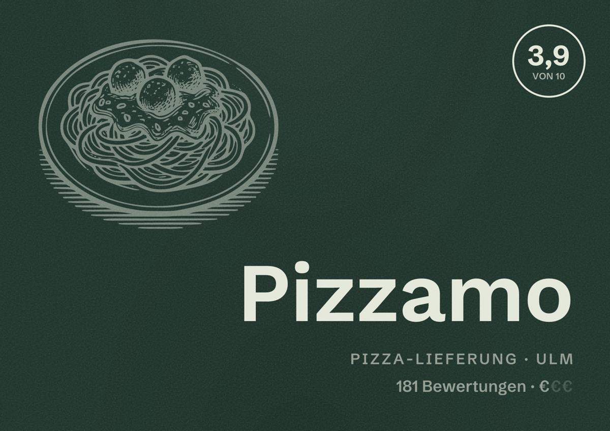Illustriertes Poster von Pizzamo, Pizza-Lieferung in Ulm: Bewertung 3,9 von 10 aus 181 Bewertungen, Preisniveau €