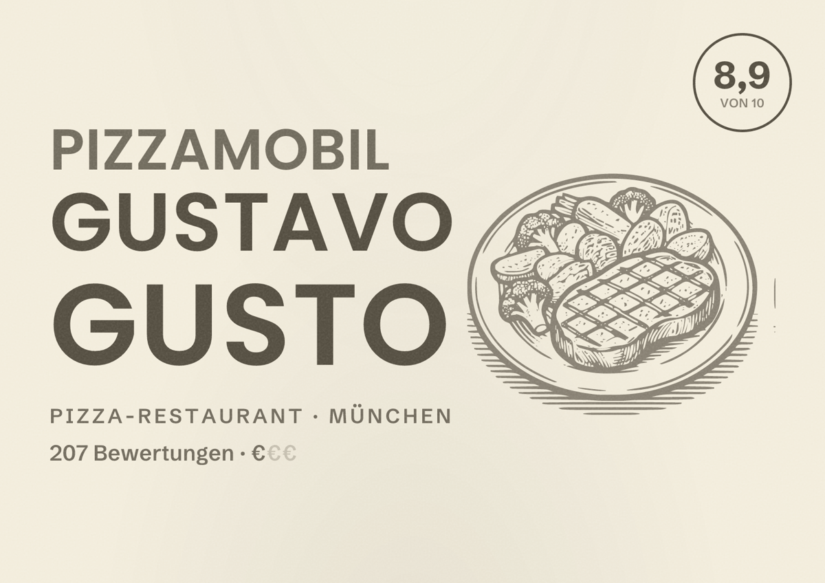 Illustriertes Poster von Pizzamobil Gustavo Gusto, Pizza-Restaurant in München: Bewertung 8,9 von 10 aus 207 Bewertungen, Preisniveau €