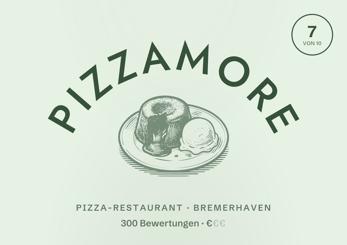 Illustriertes Poster von PizzAmore, Pizza-Restaurant in Bremerhaven: Bewertung 7 von 10 aus 300 Bewertungen, Preisniveau €