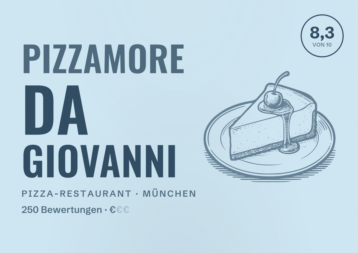 Illustriertes Poster von PizzAmore da Giovanni, Pizza-Restaurant in München: Bewertung 8,3 von 10 aus 250 Bewertungen, Preisniveau €
