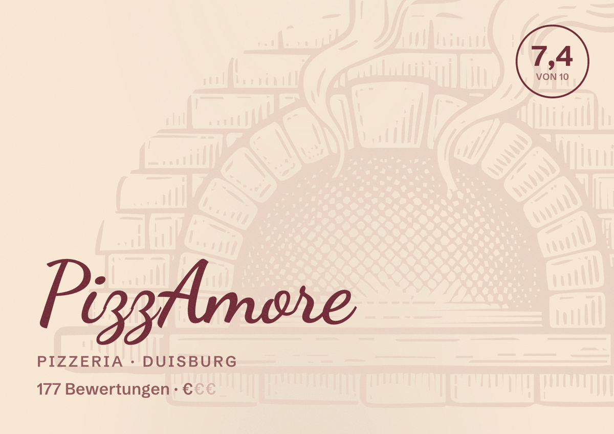 Illustriertes Poster von PizzAmore, Pizzeria in Duisburg: Bewertung 7,4 von 10 aus 177 Bewertungen, Preisniveau €