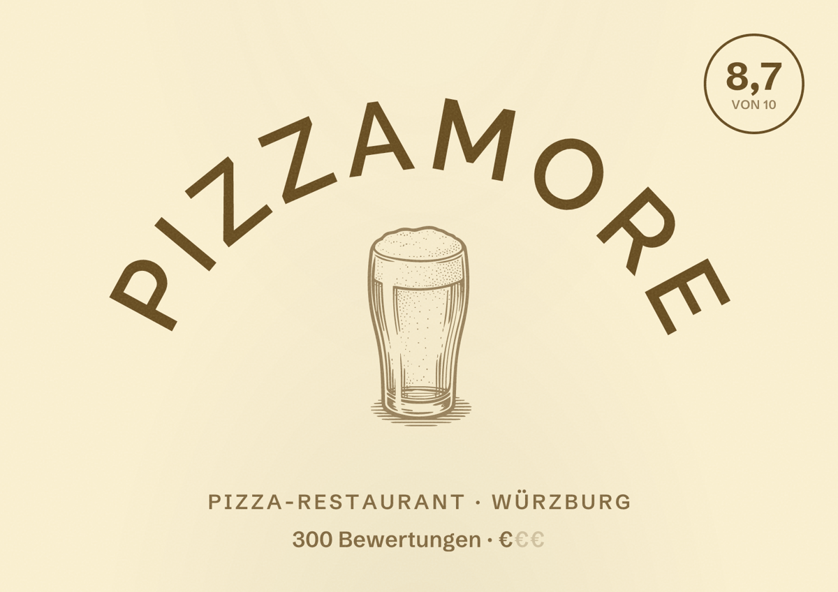 Illustriertes Poster von Pizzamore, Pizza-Restaurant in Würzburg: Bewertung 8,7 von 10 aus 300 Bewertungen, Preisniveau €