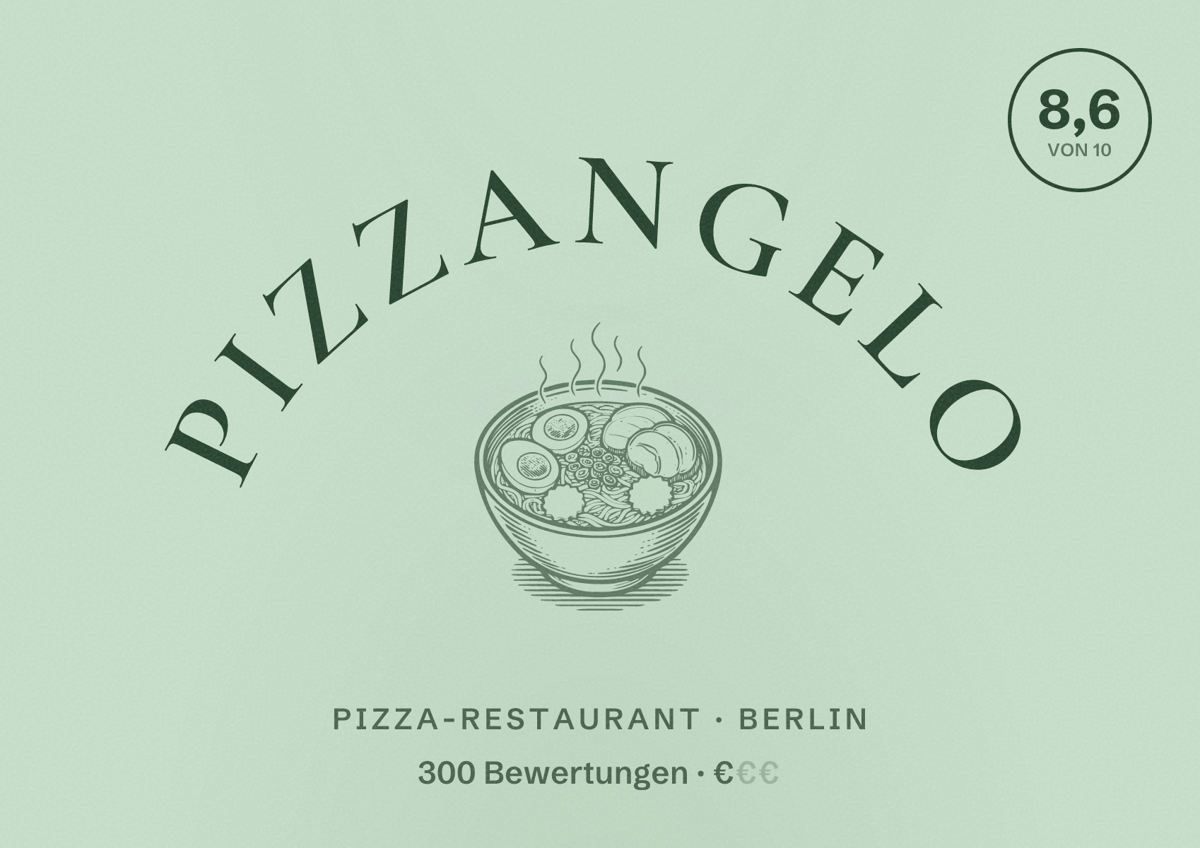 Illustriertes Poster von PizzAngelo, Pizza-Restaurant in Berlin: Bewertung 8,6 von 10 aus 300 Bewertungen, Preisniveau €