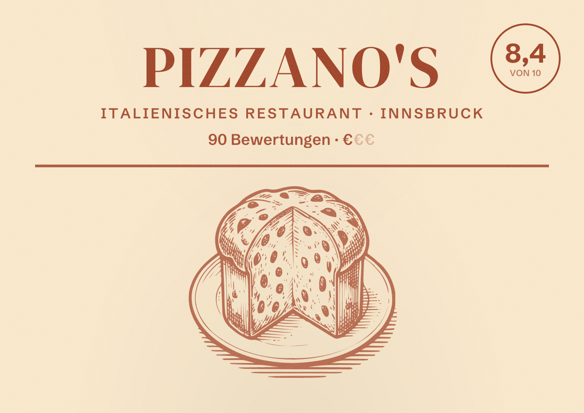 Illustriertes Poster von Pizzano's, Italienisches Restaurant in Innsbruck: Bewertung 8,4 von 10 aus 90 Bewertungen, Preisniveau €